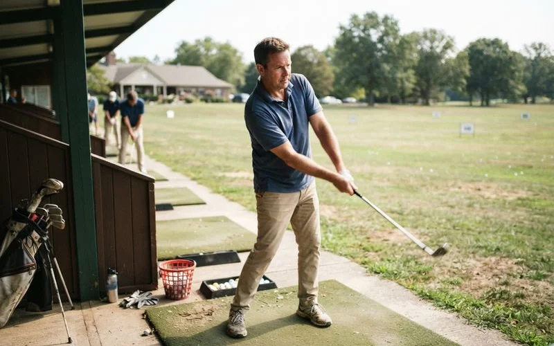 A beginner adult golfer practicing their swing on a range with an instructor observing from the side