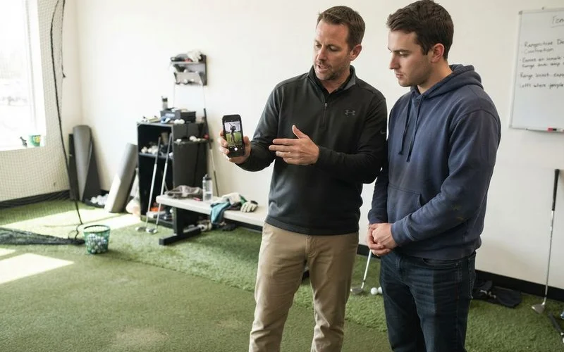 A golf instructor and student reviewing swing video on a tablet at an indoor practice bay in Charlotte