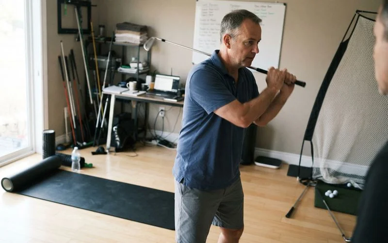 A golf fitness trainer assessing a client's hip and shoulder mobility during a session