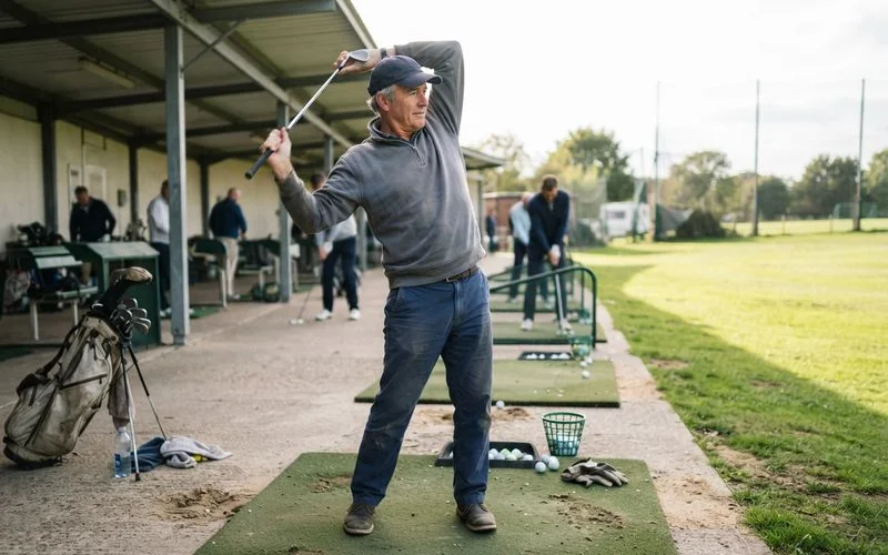 A golfer performing a dynamic stretch and warm-up swing before a practice session