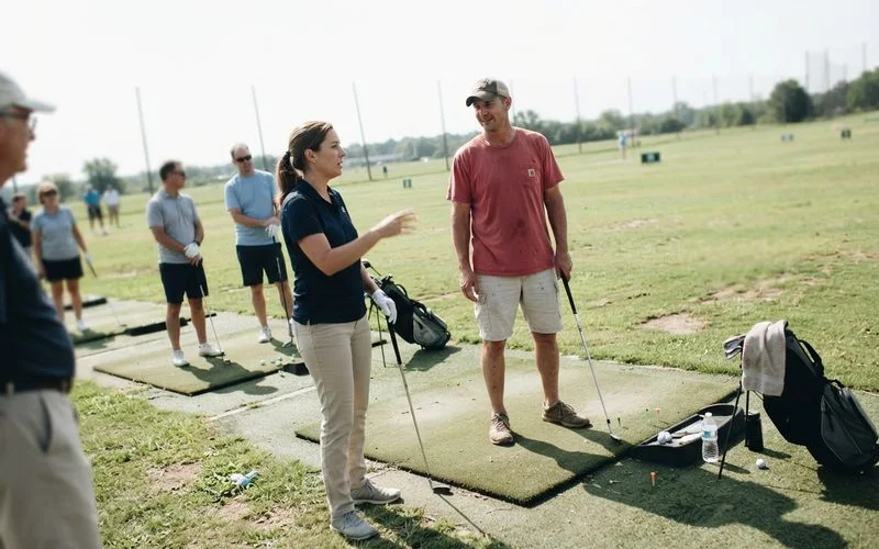 A small group golf clinic practicing on a driving range with an instructor observing