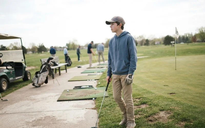 A junior golfer practicing on a course fairway with a coach nearby during a tournament prep session