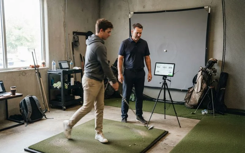 A golf instructor pointing at a tablet showing launch monitor data next to a covered hitting bay