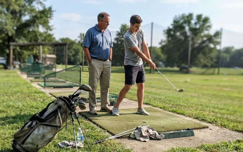 A golf instructor giving one-on-one feedback to a single student on a practice mat