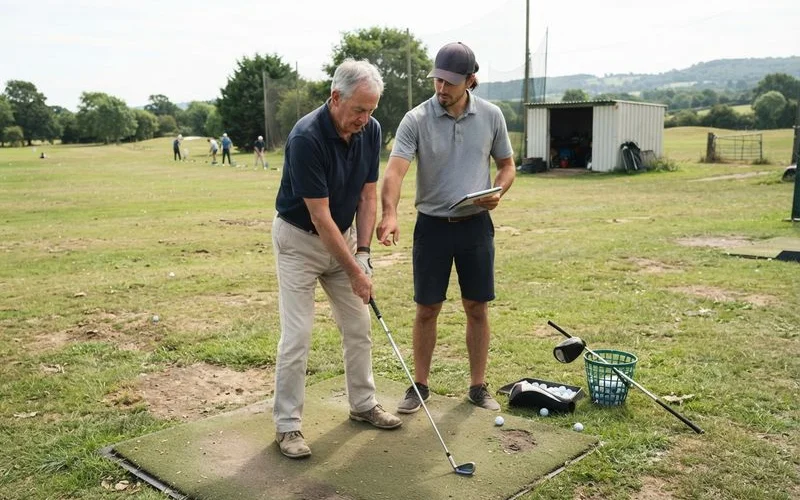 An older golfer working with an instructor on the driving range, practicing a smooth, controlled swing