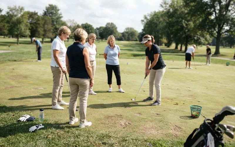 A women's golf clinic on a practice green with an instructor demonstrating a putting stroke